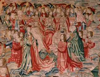 Menselijke verlossing of ondeugden en deugden. Christus stijgt op naar de hemel en de mens wordt verlost voor God. Negende wandtapijt in de serie.