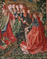 Deugden dagen de ondeugden uit wanneer Christus zijn bediening begint (Las Virtudes desafían a los Vicios cuando Cristo comienza su ministerio). Zesde wandtapijt in de serie.