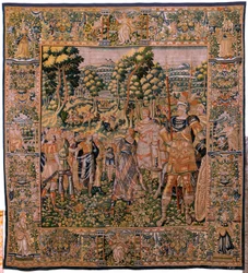 Vlaamse wandtapijt. Serie Verhaal van Cyrus. Astyages herkent Cyrus. Anoniem, gebaseerd op Michiel Coxcie. Ca 1590.