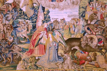Vlaamse wandtapijt. Serie De Apocalyps: Sint-Michiel verslaat de draak. Atelier Willem Dermoyen, Brussel. Ca 1553-1555. (detail)