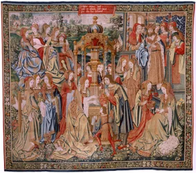 Vlaams wandtapijt. Serie De geschiedenis van David en Bathseba. Bathseba in haar bad. Eerste paneel van de serie. Model Anoniem. Manufacture Onbekend, Brussel.