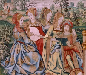 De geschiedenis van David en Bathseba. Bathseba in haar bad. Eerste paneel van de serie.