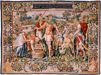 Vlaams wandtapijt. Serie De Geschiedenis van Hannibal. De plundering van Cannae. Vierde wandtapijt van de bewaarde. Modellen Anonieme meester van Nederland. Manufacture Brusselse werkplaatsen. Ca 1570. Wol en zijde, 6,5/7