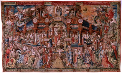 Vlaams wandtapijt. Serie De Eerbewijzen. Deugd. Achtste wandtapijt in de serie. Model Cartonisten uit de kring van Bernard van Orley en Jan Gossaert (Mabuse). Manufacture Pieter van Aelst, Brussel. Ca 1550. Stof Goud, zilver, zijde en wol.