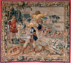 Vlaamse wandtapijt. Serie De werken van Hercules. Hercules en Antaeus. Vierde wandtapijt in de bestaande serie. Model Onbekend. Atelier Willem Dermoyen, Brussel. Ca 1528. Stof Zijde en wol. Afmeting 362 x 403 cm. Locatie Koninklijk Paleis