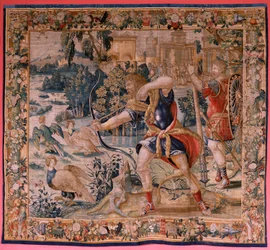 Vlaamse wandtapijt. Serie De werken van Hercules. Hercules en de Stymphalische vogels. Eerste wandtapijt in de bestaande serie. Model onbekend. Fabrikant Willem Dermoyen, Brussel. Ca 1528.