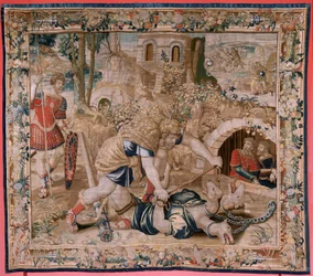 Vlaamse wandtapijt. Serie De werken van Hercules. Hercules vangt Cerberus. Zesde wandtapijt in de bestaande serie. Manufacture Willem Dermoyen, Brussel. Ca 1528