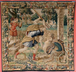 Vlaamse wandtapijt. Serie De werken van Hercules. Hercules in de Tuin van de Hesperiden. Vijfde wandtapijt in de bestaande serie. Manufacture Willem Dermoyen, Brussel. Ca 1528