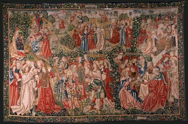 Vlaams wandtapijt. Serie De gelijkenis van de arbeiders in de wijngaard. De oproep aan de arbeiders. Eerste wandtapijt in de serie. Manufacture Brussel, Pieter van Aelst’s ateliers (?). Ca 1500. Stof Zijde en wol, 6 scheringen per cm.