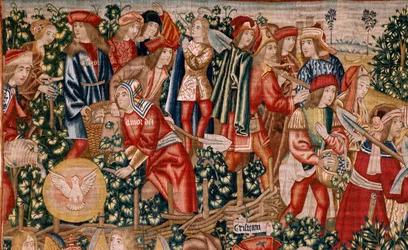 Vlaams wandtapijt. Serie De gelijkenis van de arbeiders in de wijngaard. De betaling van de denarius. Tweede wandtapijt in de serie. Manufacture Brussel, Pieter van Aelst’s ateliers (?). Ca 1500. Stof Zijde en wol, 6 scheringen per cm.