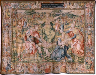 Vlaams wandtapijt. Serie De Zeven Deugden. Gerechtigheid. Model gebaseerd op Michiel Coxcie. Manufacture Brussel. Manufacture door Frans Geubels. Ca 1560-1570. Zijde en wol. Locatie Kathedraal van Burgos. Oorsprong Een legaat aan t