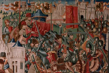 Vlaams wandtapijt. Onbekende serie. Romeinse geschiedenis? Tarquinius Priscus (Tarquino Prisco). Vervaardigd in Brusselse werkplaatsen? Ca. 1475. Materiaal: wol en zijde, 6 kettingdraden per cm. Herkomst: Een schenking van de graaf van Alba de Aliste, die