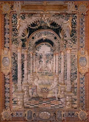 Vlaams wandtapijt. Serie Vertumnus en Pomona. Zevende wandtapijt van de serie; Vertumnus veranderd in een visser (middenstuk). Modellen Kring van Pieter Coecke Van Aelst en Léonard Thiry. Manufacture Onbekende werkplaats, Brussel. Voor 1550.