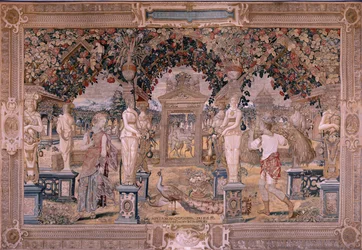 Vlaamse wandtapijt. Serie Vertumnus en Pomona. Vertumnus getransformeerd in een oogster. Eerste tapijt in de serie. Model Cirkel van Pieter Coeck van Aelst. Ca 1545-1550.