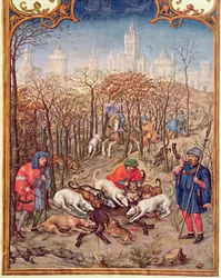 Fol.12v De Maand December: Jagen op wilde zwijnen, uit het Breviarium Grimani, c.1515