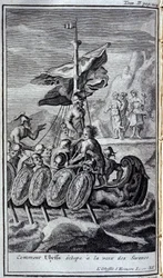 Hoe Ulysses ontsnapte aan de stem van de sirene. Illustratie voor boek XII van de Odyssee van Homeros, gepubliceerd in Amsterdam in 1731, privécollectie Milaan