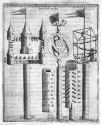 Hoe vuurwerk te zetten, illustratie uit Tratado de Artillería door Diego Ufano, Brussel, 1613