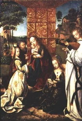 Madonna en kind met St. Catherine, een engel en andere figuren