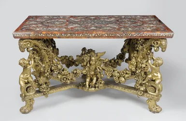 Marktwerktafel op gesneden en vergulde lindehouten basis, 1689
