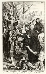 Michael Rogerius (1543-1607) en Matthaeus Riccius (1552-1610) arriveren aan de kust van China, illustratie uit een kerkgeschiedenis door P. Cornelius Hazart, gepubliceerd in Antwerpen, 1668