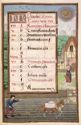 Ploegen met twee paarden, kalenderpagina voor oktober, uit een Getijdenboek, ca. 1500