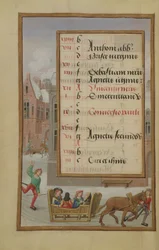 Ms 1058-1975 f1v Straatscène in de sneeuw, verlichte kalenderpagina voor januari, uit een getijdenboek, ca. 1500