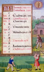 Ms 1058-1975 f6r Gras maaien, verlichte kalenderpagina voor juni, uit een Getijdenboek, ca.1500