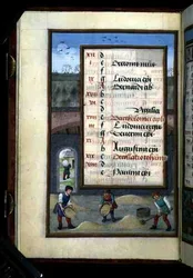 Ms 1058-1975 f8v Koren wannen in een schuur, verlichte kalenderpagina voor augustus, uit een Getijdenboek, c.1500 (perkament)