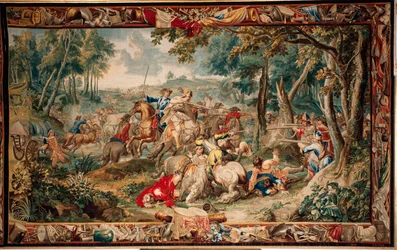Paleis (Schlossanlage Schleissheim). Vlaamse wandtapijt. Brusselse atelier Judocus De Vos. Ontwerp Lambert De Hondt. Hinderlaag. Ca 1715 - 1724.