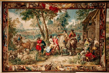 Paleis (Schlossanlage Schleißheim). Vlaamse wandtapijt. Brussel atelier Judocus De Vos. Ontwerp Lambert De Hondt. Plundering. Wol en zijde. Ca 1715 - 1724