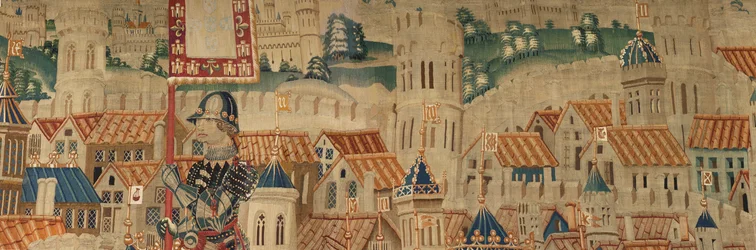 Parochiemuseum van wandtapijten. Vlaamse wandtapijt. De inname van Tanger. Serie Veroveringen van koning Alfonso I van Portugal. Tournai. Wol en zijde.