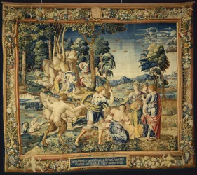 Pomona verrast door Vertumnus en andere vrijers, uit Het verhaal van Vertumnus en Pomona, 1535-40