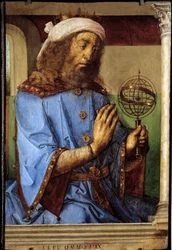 Portret van Ptolemaeus (Claudius Ptolemaeus, ca. 90-168), Griekse astronoom. Schilderij door Pedro Berruguete (ca. 1450-voor 1504) en Justus van Gent (1435-1480)