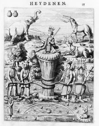 Samudramathana, met de deelname van Deva (Surya, Shiva, Vishnu, Brahma) met demonen en rijdieren. Volgens Baldaeus Philippus Afgoderye der oost-indische Heydenen. Amsterdam 1672