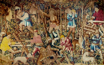Scènes van oogst en houthakker. Wandtapijt van de Vlaamse School. Tournai. 15e eeuw Parijs, decoratieve kunsten