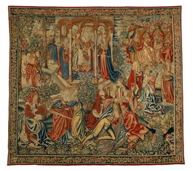 Wandtapijt, Een Morele Allegorie van de Mens of Gerechtigheid die de Mens Aanvalt, gemaakt in Vlaanderen, België, circa 1500