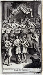 Telemachus wordt ontvangen in Lacedemonië in het paleis van Menelaos met Pisistratus. Illustratie voor boek IV van de Odyssee van Homeros, gepubliceerd in Amsterdam in 1731, Milaan