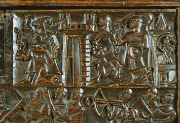 De Kortrijkse Kist met Vlaamse voetsoldaten die Franse cavalerie verslaan (detail)
