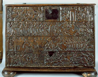 De Kortrijkse Kist met scènes van de Guldensporenslag in Kortrijk in 1302