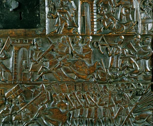 De Kortrijkse Kist met twee scènes van de Guldensporenslag in Kortrijk in 1302 (detail)