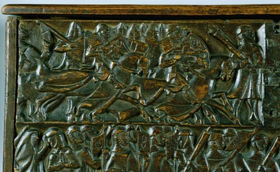 De Kortrijkse Kist met twee scènes van de Guldensporenslag in Kortrijk in 1302 (detail)