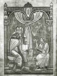 De extase van St. Gregorius (c.540-604) gezien door de diaken Peter door een gordijn doorboord door zijn stilet