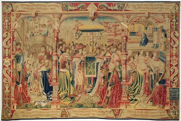 Het standbeeld van de Maagd Maria wordt de kerk binnengedragen, uit de legende van Notre Dame du Sablon, Brussel-werkplaats