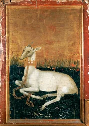 Het Wilton-diptiek, detail, rechts verso: het witte hart, embleem van koning Richard II (eitempera op eik)