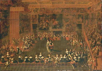 De opening van een bal in een paleisachtige balzaal, ca. 1660-70