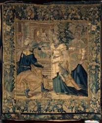 De universiteitscollecties. Vlaamse wandtapijt. Dochters van Jethro vertellen hun vader over het ontmoeten van Mozes. Oudenaarde. Ca 1550