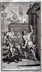 Ulysses arriveert bij het huis van herder Eumee, of hij kan door honden worden aangevallen. Illustratie voor boek XIV van de Odyssee van Homerus, in de Odyssee, gepubliceerd in Amsterdam in 1731, Privécollectie Milaan.