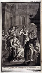Ulysses gesprek met Penelope, die hem niet herkent. Illustratie voor boek XIX van de Odyssee van Homeros, gepubliceerd in Amsterdam in 1731, privécollectie Milaan