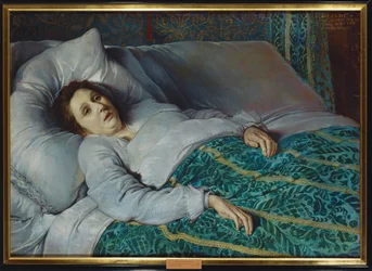 Jonge vrouw op haar sterfbed (schilderij op doek)