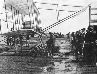 Henri Farman en zijn 50 pk Gnome dubbeldekker, Blackpool Luchtvaartbijeenkomst, Lancashire, 1909-1933